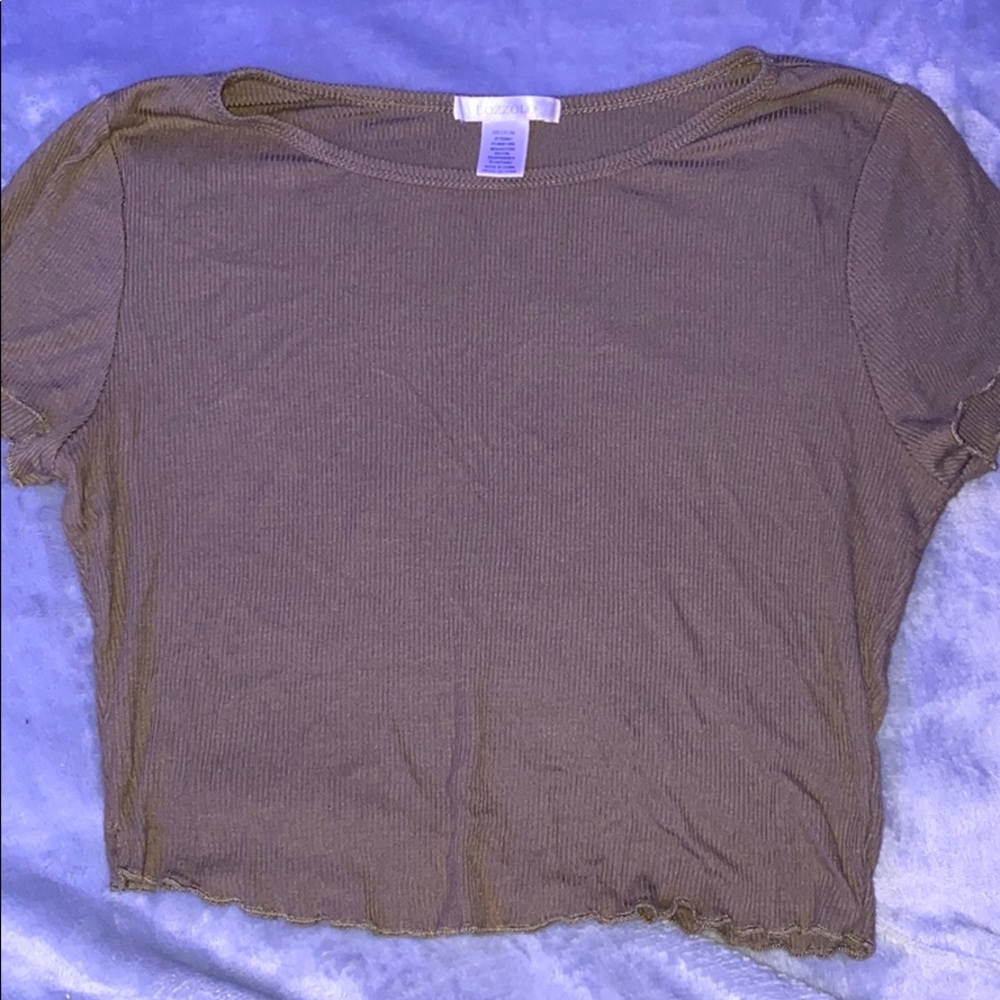 Olive Green Thin Ribbed Lettuce Sleeve crop top